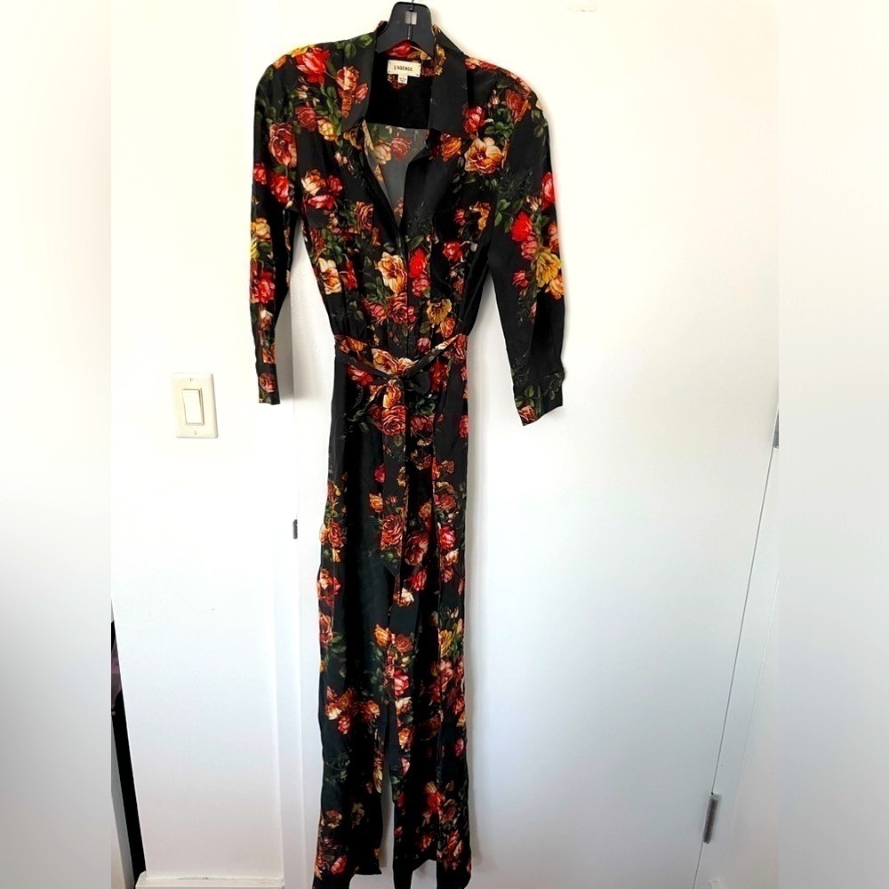 NWOT L’Agence women 100% silk black floral jumpsuit